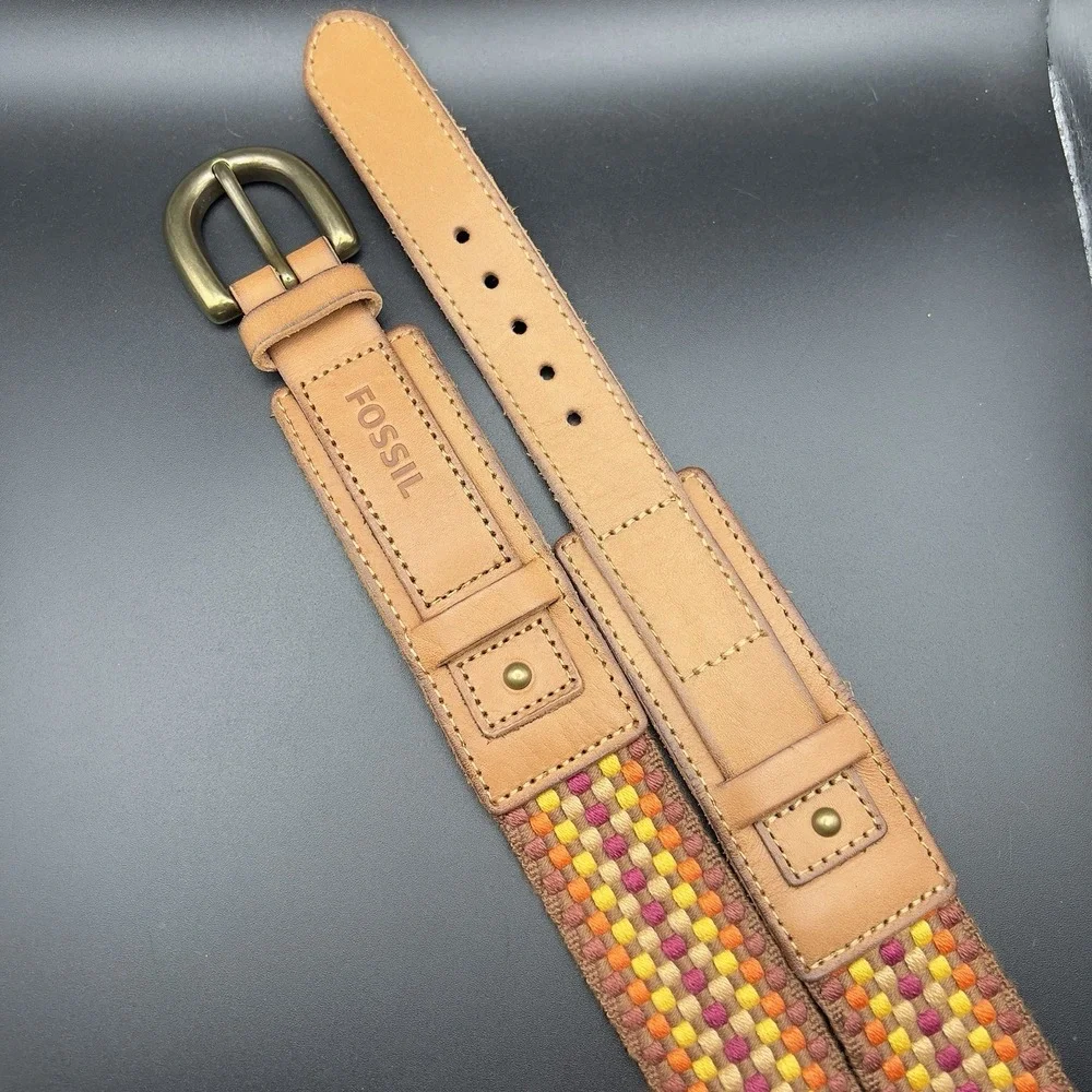 FOSSIL Multicolor Weave Braid Tapestry w Leather Belt Womens BOHO ~ Size S 37.5